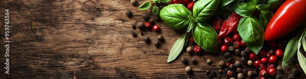 Fototapeta A rustic wooden background with scattered basil leaves, pepper and red chili peppers