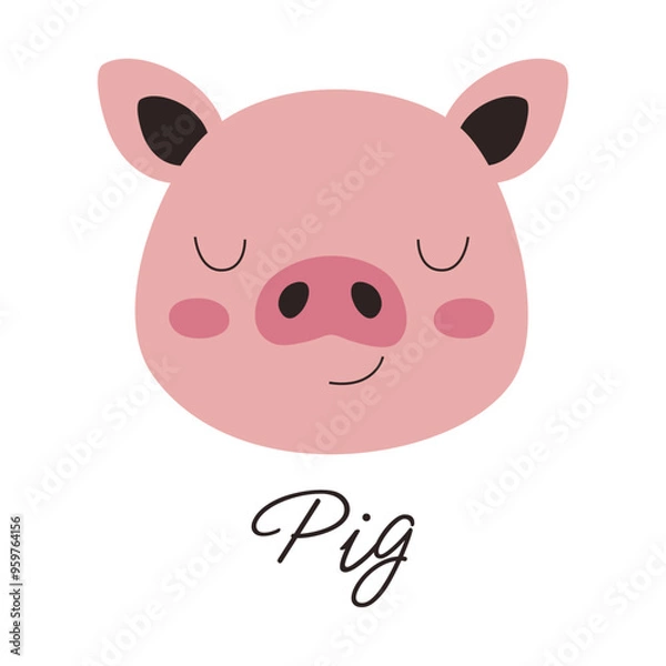 Fototapeta Cute pig face drawn in cartoon style. Creative children's print with a domestic animal.
