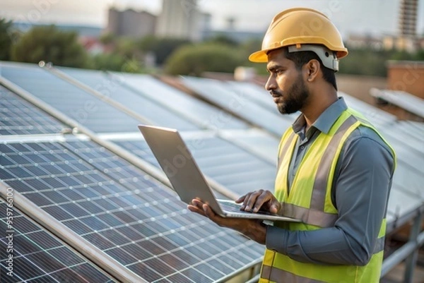 Fototapeta "Indian Engineer Inspecting Solar Panels" - Engineer examining solar panels on a rooftop.
