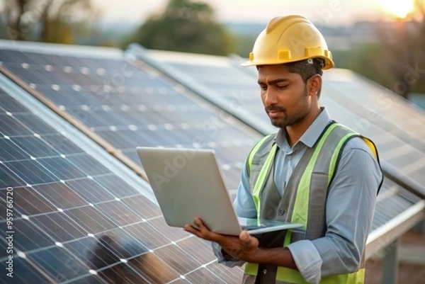 Fototapeta "Indian Solar Panel Engineer at Work" - Engineer in uniform working on solar panels.
