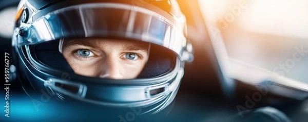Fototapeta A focused race car driver in a helmet, highlighting determination and speed on the racetrack. Capturing the essence of motorsport.
