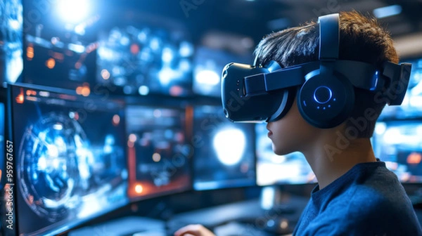 Fototapeta A gamer wearing virtual reality headset is immersed in digital world, surrounded by multiple screens displaying vibrant graphics.