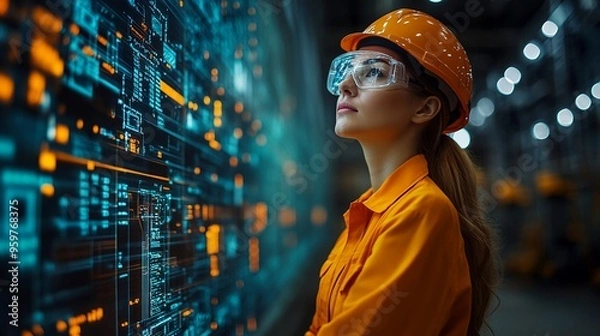 Fototapeta Future of Industry: Female Engineer analyzing complex data on a digital interface in a modern factory, showcasing innovation in manufacturing and industrial automation. 