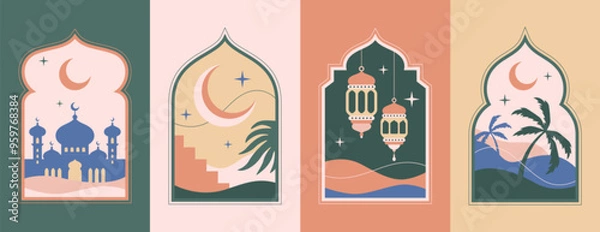 Fototapeta Ramadan kareem arches, old islamic window shape with crescent moon, lanterns and mosque dome in oriental style. Arabic frames or arabian doors. Muslim architecture design elements, eid mubarak gates