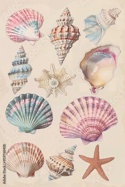 Fototapeta A vintage pastel shell illustration with a variety of shells arranged on a beige background.