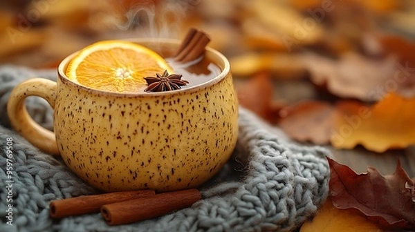 Fototapeta A cozy autumn scene featuring a steaming mug of mulled wine, garnished with orange slices, cinnamon sticks, and cloves, surrounded by fall leaves and a woolen scarf. The warm,