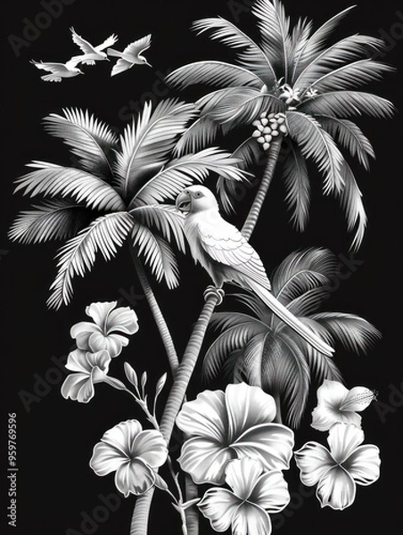 Fototapeta A grayscale illustration of a parrot perched on a palm tree with tropical flowers and flying birds against a black background.