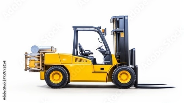 Obraz Heavy-duty forklift parked on a clean surface in a warehouse setting during the day