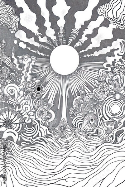 Fototapeta Abstract black and white line art drawing of a sun rising over a landscape of swirling lines and circles.