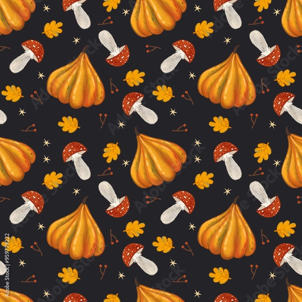 Fototapeta Seamless pattern on a black background: orange pumpkin, amanita mushroom, autumn yellow leaf.