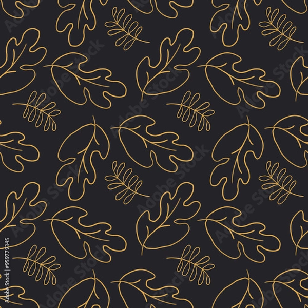 Fototapeta Seamless pattern with yellow leaves, contours, on a black background.