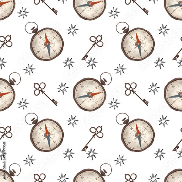 Fototapeta Compass and keys seamless pattern.