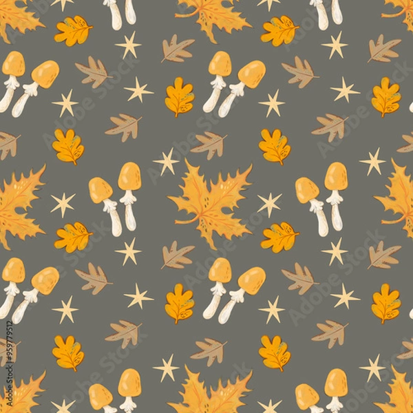Fototapeta Mushroom pattern design. Autumn nature wallpaper. Wild forest pattern graphic. Mushrooms, psychedelic style background. Fantasy magic funny mushrooms. Acid print for a t-shirt.
