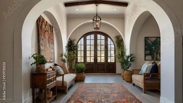 Fototapeta Boho, mediterranean interior design of modern home entryway, hall with arched walls, Ai Generated