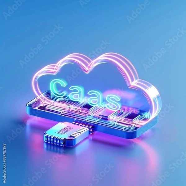 Fototapeta Neon cloud with 'Caas' text, representing Computing as a Service concept. Futuristic technology and cloud computing theme on blue background.