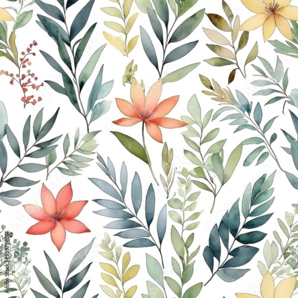 Fototapeta seamless Watercolor Pattern using botanical elements.