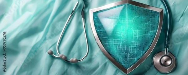 Obraz Digital shield protecting hospital network, cybersecurity for healthcare, blue and green tones, glowing tech elements