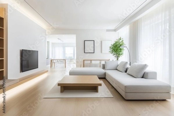Fototapeta A simple minimalist living space with a balanced furniture arrangement, highlighting harmony and understated elegance.