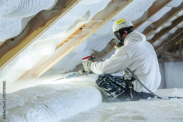 Fototapeta Worker Applying Spray Foam Insulation in an Attic
