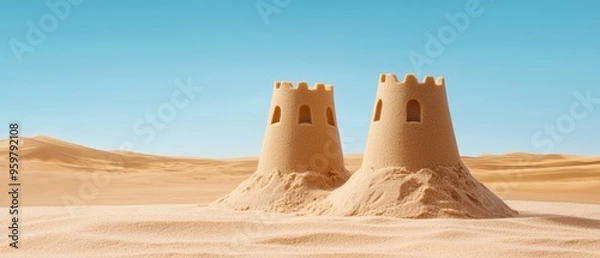 Fototapeta Two intricately carved sandcastles in the middle of a vast desert, capturing the beauty of ephemeral architecture
