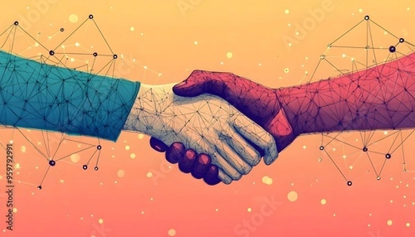 Fototapeta Digital Handshake with Abstract Network Background