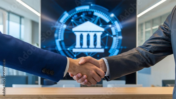 Fototapeta Businessmen shaking hands in front of a digital financial institution background, symbolizing agreement, partnership, and success.