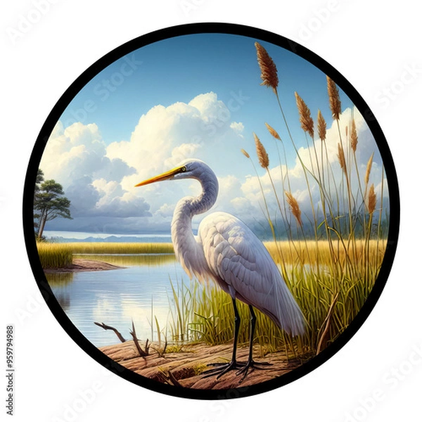 Fototapeta A circular 3D rendered illustration of a Great Egret, isolated on a transparent background