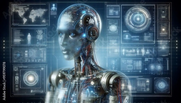 Fototapeta Futuristic AI robot with blue glowing eyes and a translucent head.