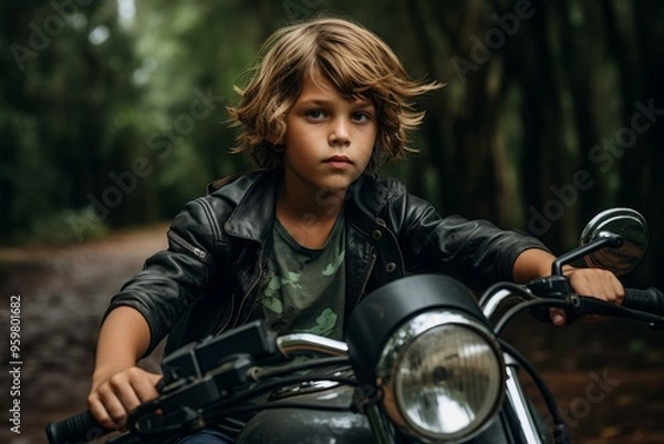 Obraz A young boy is sitting on a motorcycle with a leather jacket on