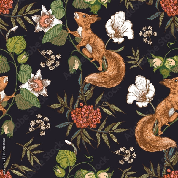 Fototapeta Seamless pattern with squirrels, nuts, flowers and rowan berries.