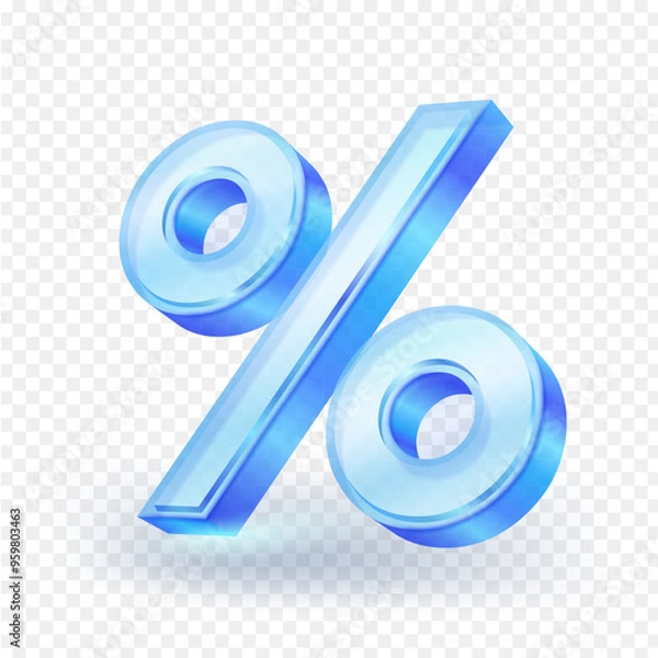Fototapeta Transparent blue glass percentage symbol with reflection isolated on white background. 3D vector illustration.