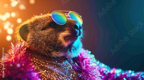 Fototapeta Wombat in Disco Glam, A vibrant wombat adorned in a dazzling neon glitter outfit, perfect for party invitations and playful editorial promotions.