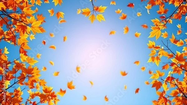 Fototapeta Autumn Sky with Falling Leaves and Clear Text Space
