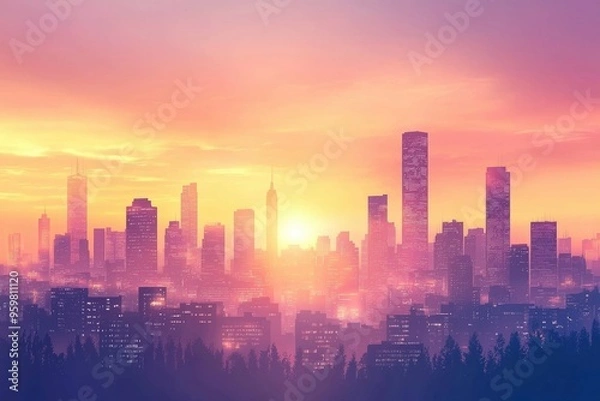Fototapeta A City Skyline at Sunset with Silhouetted Trees in the Foreground