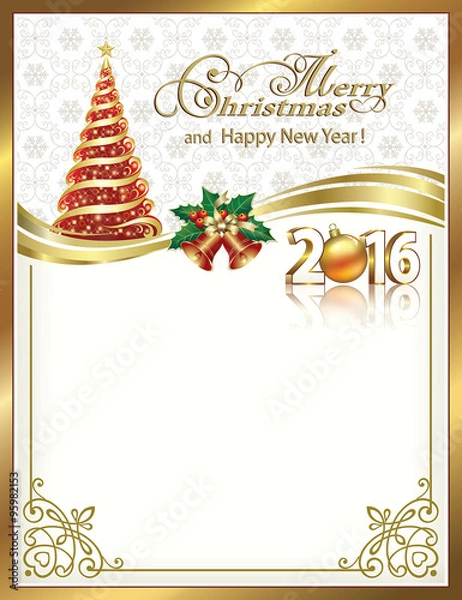 Fototapeta 2016 Christmas card with fir and bells in a frame with an ornament