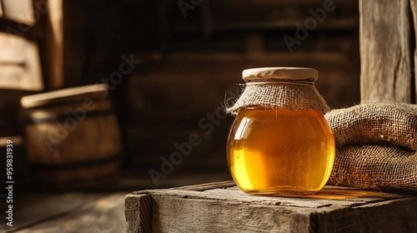 Fototapeta A jar of honey sits on a wooden crate in a rustic setting.