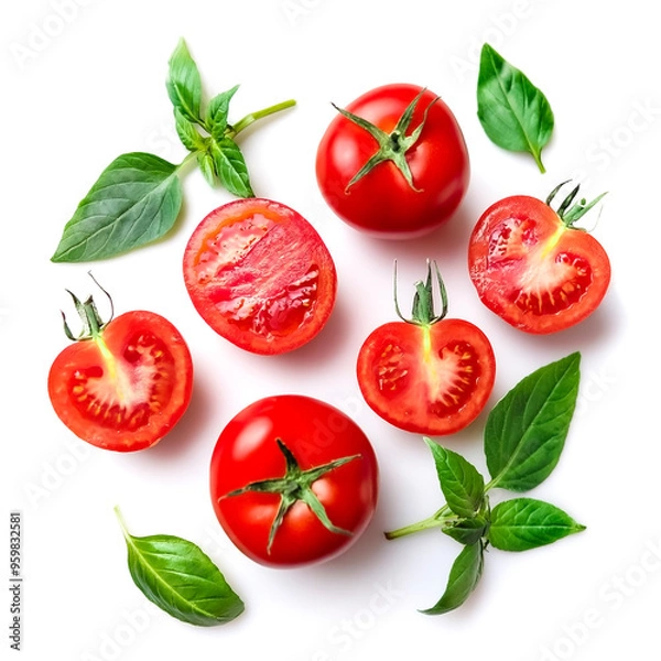 Fototapeta Fresh red tomatoes with slices and green leaves isolated on white background