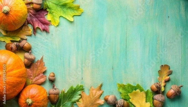 Obraz Pumpkin, fallen leaves and acorns frame