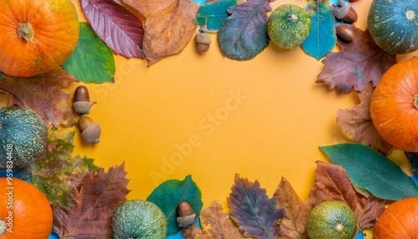Obraz Pumpkin, fallen leaves and acorns frame