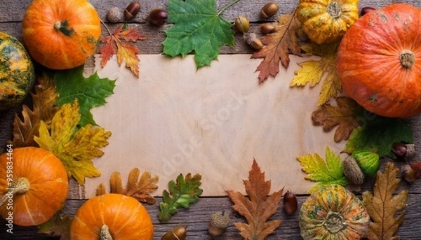 Obraz Pumpkin, fallen leaves and acorns frame