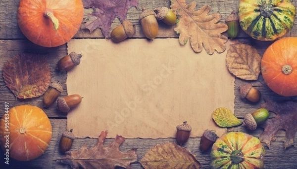 Obraz Pumpkin, fallen leaves and acorns frame