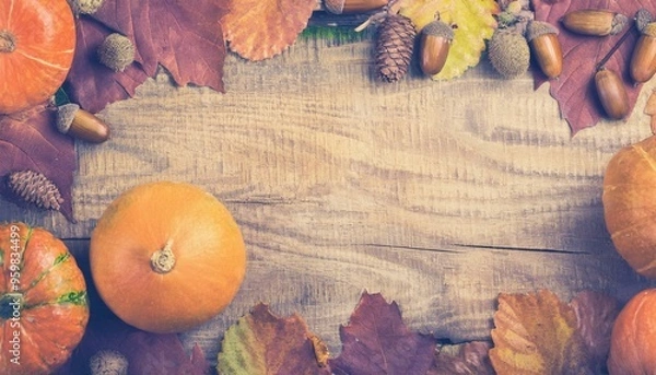 Obraz Pumpkin, fallen leaves and acorns frame