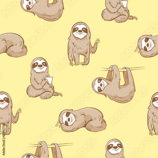Fototapeta Vector seamless pattern with cute cartoon  sloth  on yellow  background.