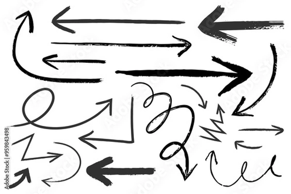 Fototapeta Set of arrows hand drawn with brush and black ink. Vector illustration