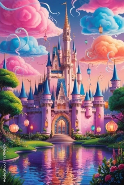 Fototapeta vibrant and radiant image of a whimsical magical city amidst a warm sunset, with towering spires and grand architecture adorned with intricate ornate details, set against a backdrop of cotton candy cl