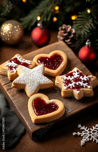 Fototapeta heart-shaped and star-shaped linzer cookies with jam dusted with sugar for Christmas sweets.