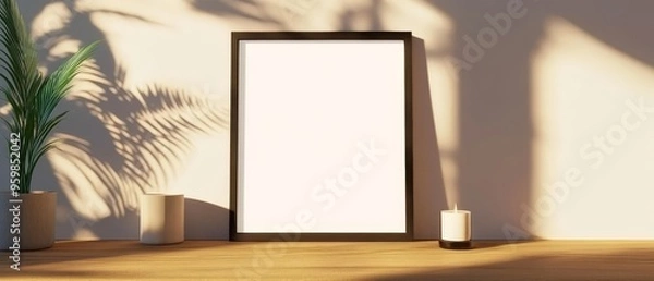 Fototapeta Minimalistic Home Decor with Picture Frame and Candle.