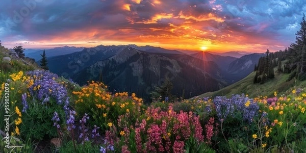Fototapeta Dramatic sunrise over a mountain range, with the foreground alive with colorful wildflowers.