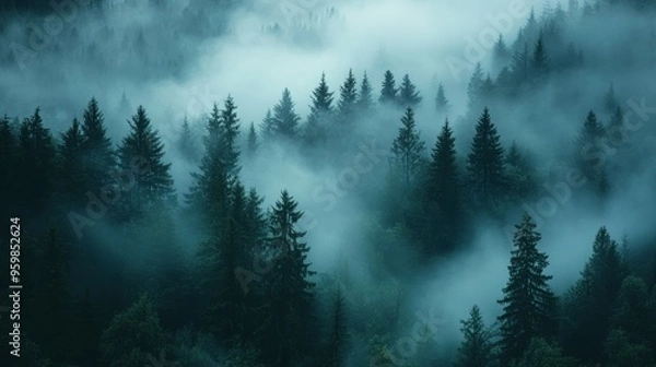 Fototapeta Misty Forest Enchantment: An ethereal landscape of towering pines shrouded in a veil of mist, evoking a sense of mystery, tranquility, and the beauty of nature's embrace. 
