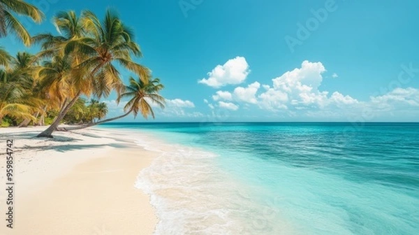 Fototapeta Tropical Paradise: Idyllic beach scene with palm trees swaying gently in the Caribbean breeze. Crystal-clear turquoise water laps the pristine white sand. A perfect escape. 
